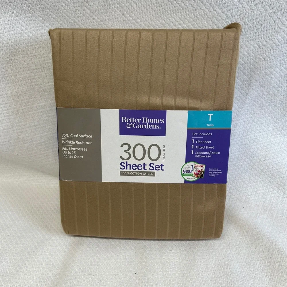 Better Homes & Gardens Twin 300 TC Cotton Sateen Sheet Set Clay Beige Striped